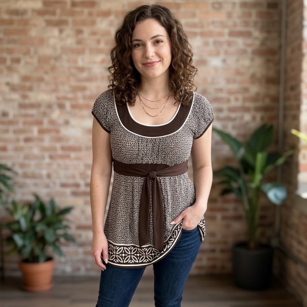 Speechless Y2K 2000s Retro Geometric Empire Waist Tunic Top Brown White L